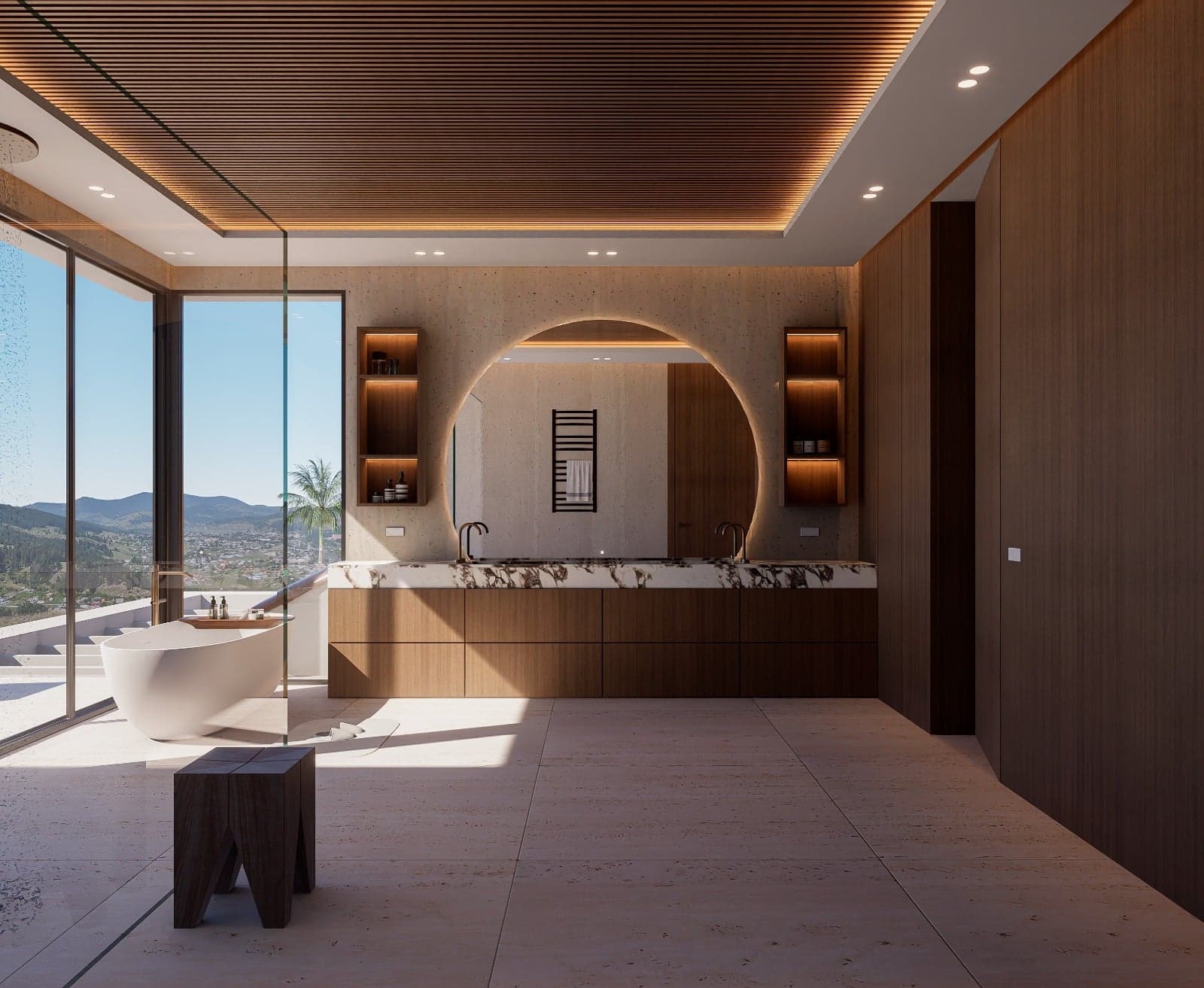 Luksusbadeværelse med fritstående badekar og bjergpanorama