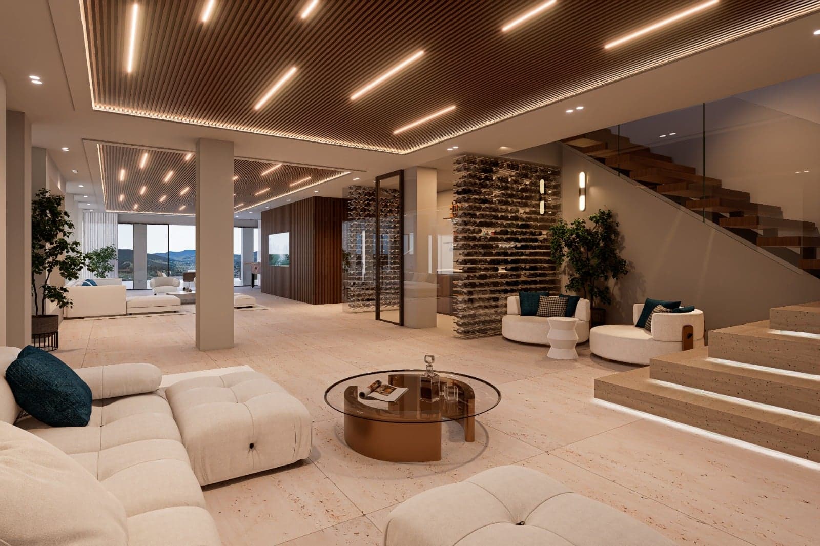 Åben stue med vinreol og svævende trappe